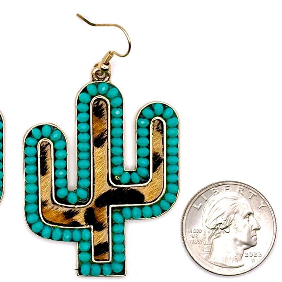 Fun Teal Crystal Beaded Leopard Animal Print Saguaro Cactus Dangle Earrings New - Picture 3 of 5